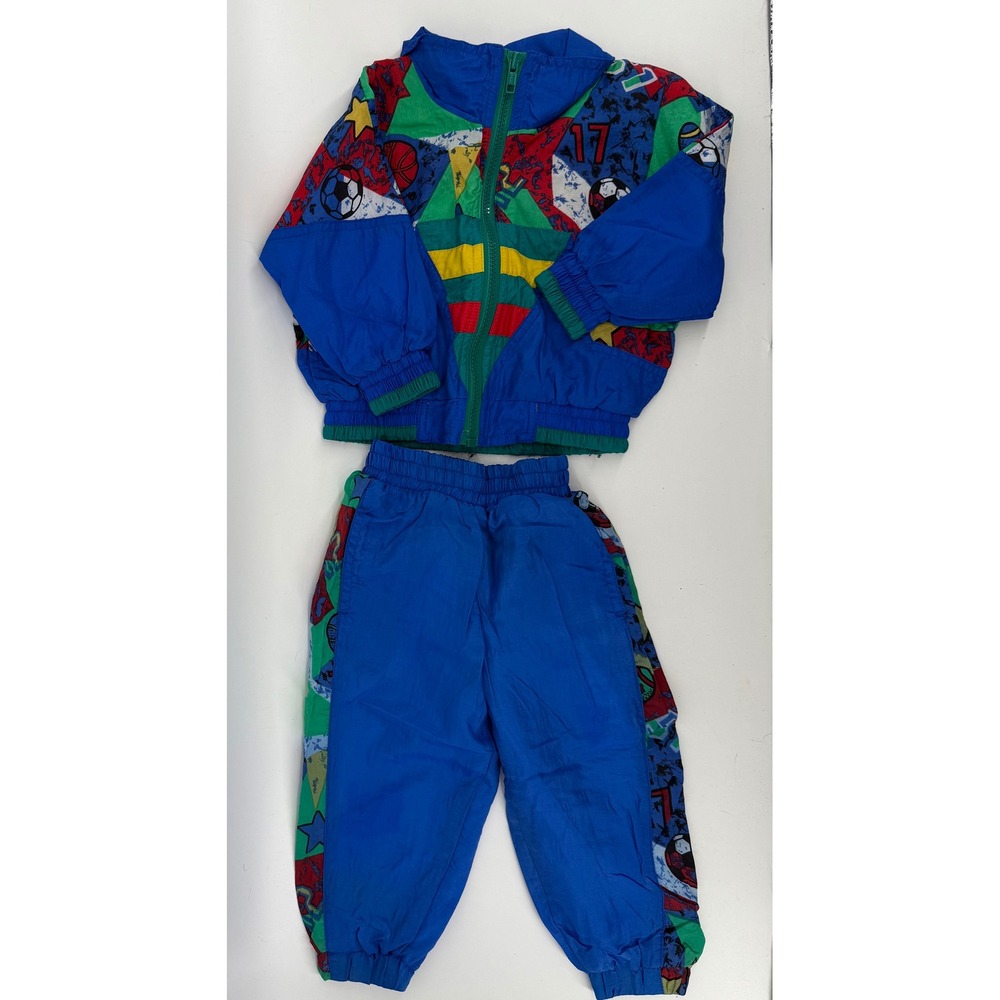 Vintage London Fog Toddler Sports Print Tracksuit Set Blue 12M Nylon Windbreaker